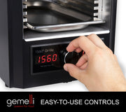 Hand adjusting Gemelli Home Steak Grille knob. Caption: Easy-to-Use Controls