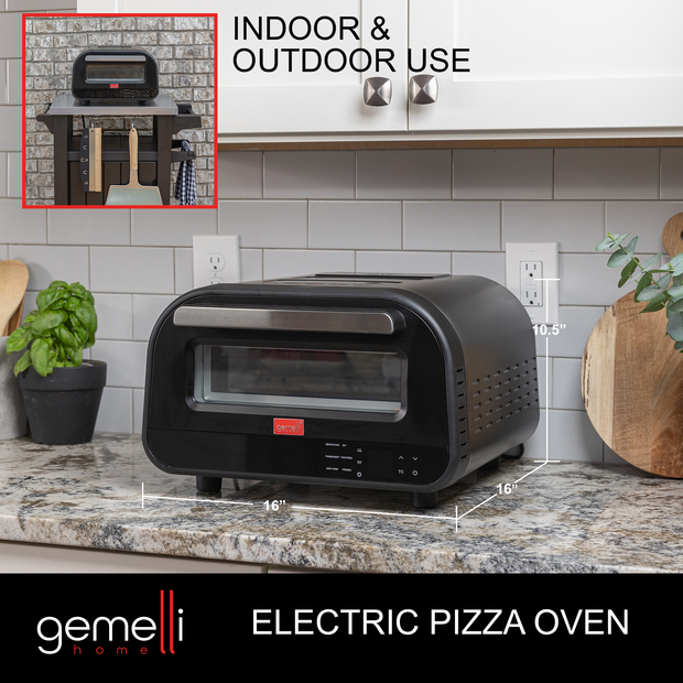 Gemelli Home Pizza Oven on kitchen counter beneath upper cabinets. Dimensions are 16"x16"x10.5". Caption: Electric Pizza Oven. Inset photo of Gemelli Home Pizza Oven on outdoor patio with caption, "Indoor & Outdoor Use"