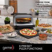 Gemelli Home Pizza Oven on kitchen counter with different pizza styles all around. Caption: 6 Preset Pizza Functions, Choose From: Neapolitan, Thin & Crispy, New York Style, Pan Pizza, Frozen, DIY