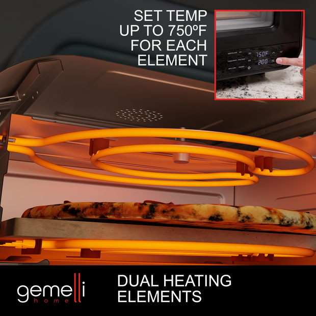 Internal Rendering of Gemelli Home Pizza Oven showcasing dual heating elements - one above pizza and one below pizza. Inset photo of digital display being used. Caption: Set Temp up to 750ºF for Each Element
