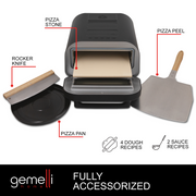 Gemelli Home Pizza Oven with Accessories surrounding it all labeled. Included Accessories: Rocker Knife, Pizza Stone, Pizza Pan, Pizza Peel, 4 Dough Recipes, 2 Sauce Recipes