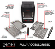Gemelli Home Steak Grille surrounded by accessories with labels. Accessories Included: Drip Pan - Catches all grease and fat to keep your grille clean. Cooling Rack - Great for resting your meats before serving. Bonus Drip Pan. Grill Rack - Great for pork chops, steaks, burgers, fish and chicken. Concave Rack - Good for skewers, asparagus, hot dogs and other sides. Tongs. Handle. Thermometer.