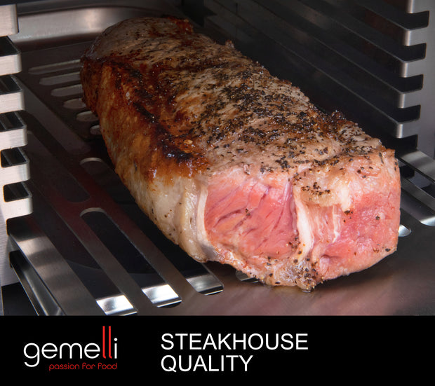 Steak inside the Gemelli Home Steakhouse Grille. Caption: Steakhouse Quality