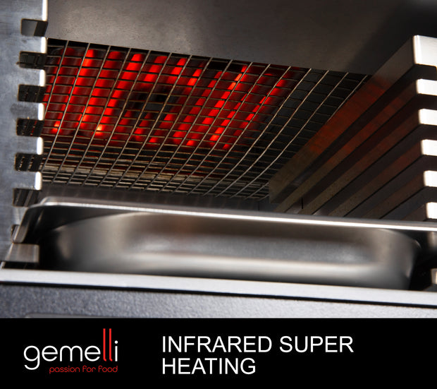 Picture of interior heating element of Gemelli Home Steak Grille illuminated and in use. Caption: Infrared Super Heating